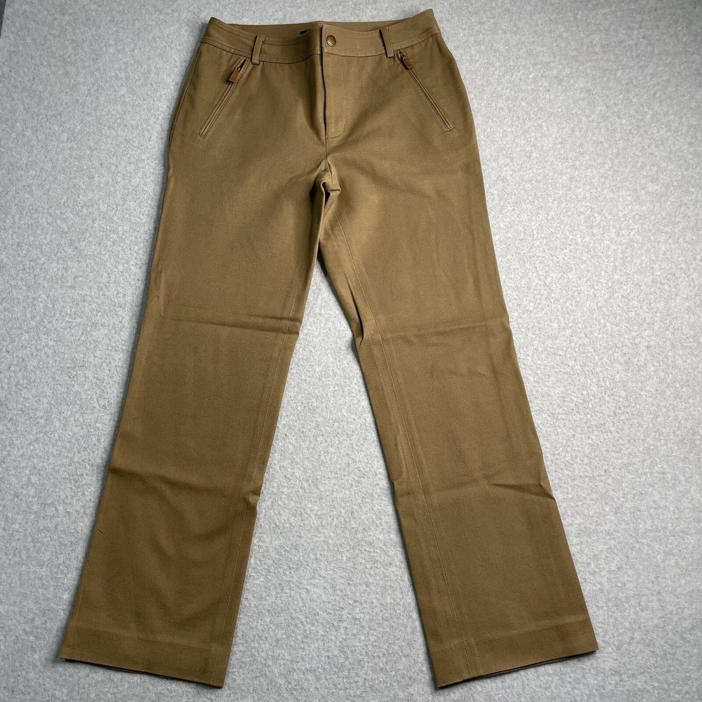 LRL Lauren Ralph Lauren Pants Women's 6 Flat Front Leather Trim Tan Brown